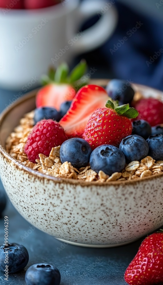 Bowl of Delicious Cereal with Fresh Blueberries, Strawberries, and Raspberries for Healthy Breakfast Bowl of Delicious Cereal with Fresh Blueberries, Strawberries, and Raspberries for Healthy Breakfast