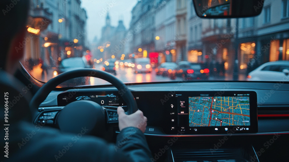 Driver navigates busy city streets using a GPS map Driver navigates busy city streets using a GPS map