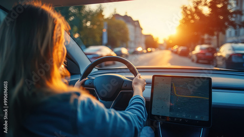 Sunset drive with navigation map on digital display. photo