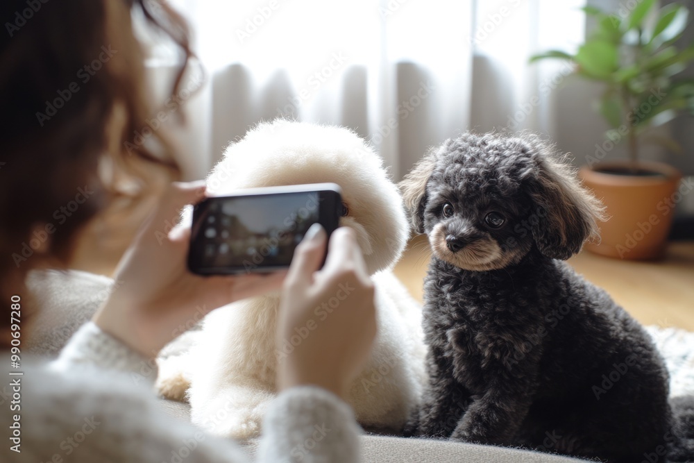 Two dogs pose for photo on soft surface in bright room. Two dogs pose for photo on soft surface in bright room.