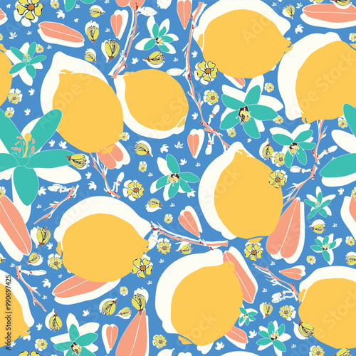 summery, vibrant tossed lemon silhouettes with lemon blossoms seamless pattern