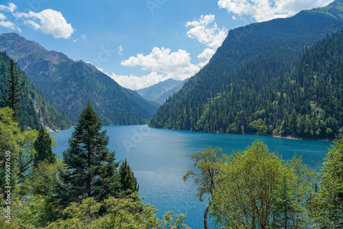 Lake view with mountains, jiuzhai valley national park, sichuan, china, asian nature