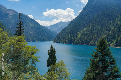 Lake view with mountains, jiuzhai valley national park, sichuan, china, asian nature