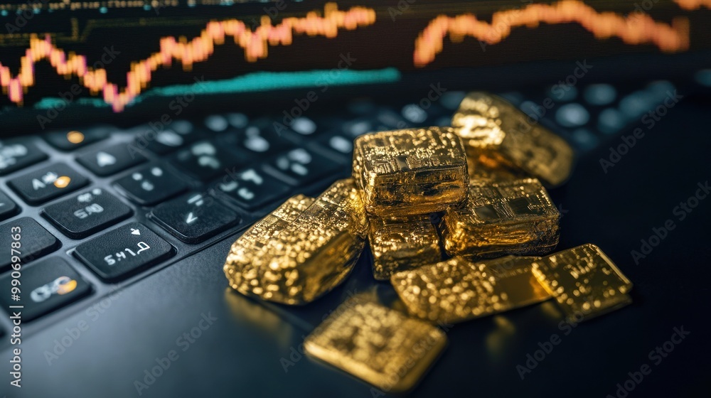 Gold bars laid out over a laptop keyboard aiming digital.