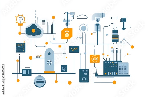 Abstract illustration of connected devices with cloud and data server.