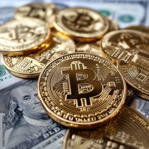 Bitcoin coins placed on US dollar bills for contrast.