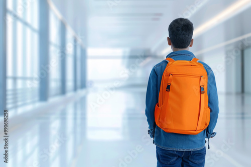 Smiling blonde schoolboy with backpack, enjoying childhood at school 