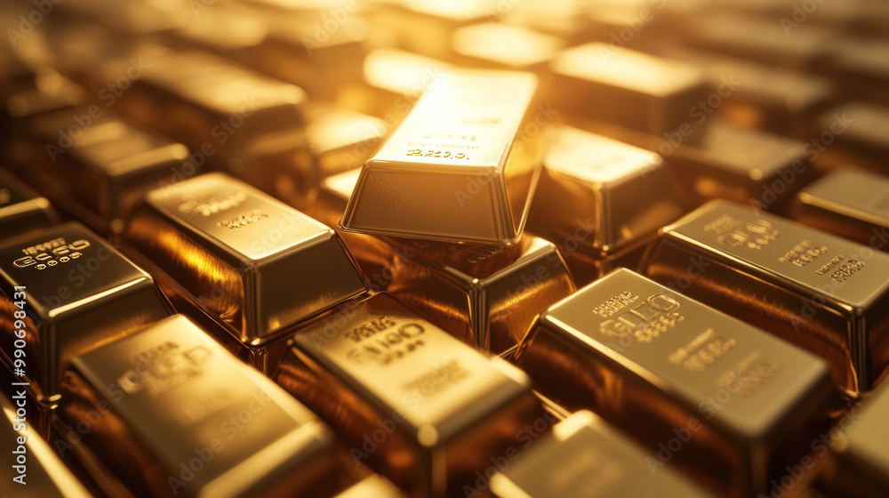 Golden bullion bars arranged together in shimmering light Golden bullion bars arranged together in shimmering light