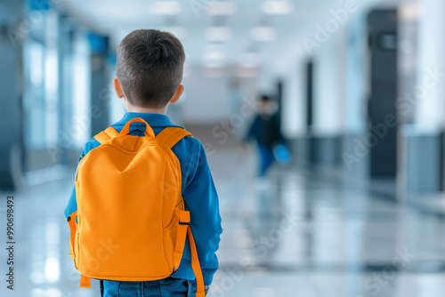 Smiling blonde schoolboy with backpack, enjoying childhood at school 