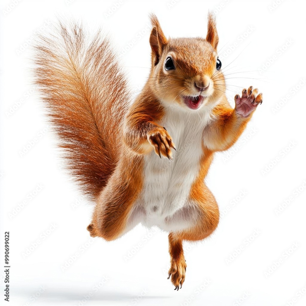 Playful 3D squirrel jumping between trees with a clean white background Playful 3D squirrel jumping between trees with a clean white background