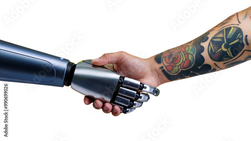 Artistic tattooed hand and metallic robotic hand handshake