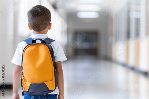 Smiling blonde schoolboy with backpack, enjoying childhood at school 