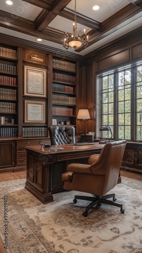 A Traditional Wooden Office with a Large Desk, Bookcases, and a Window View