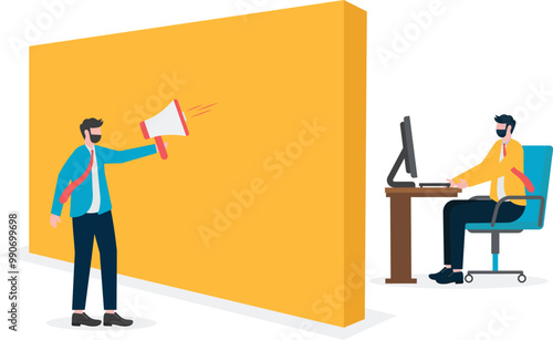 Business male megaphone speaking over wall

