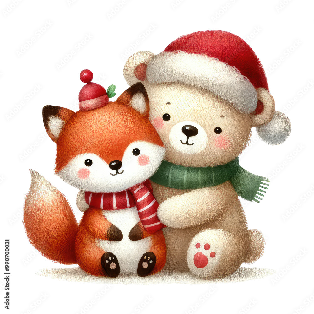 Cartoon cute animal couple, watercolor hand draw christmas illustration, Christmas Theme Illustration. Cute Bear Wearing a Santa Hat. winter season. Cartoon cute animal couple, watercolor hand draw christmas illustration, Christmas Theme Illustration. Cute Bear Wearing a Santa Hat. winter season.