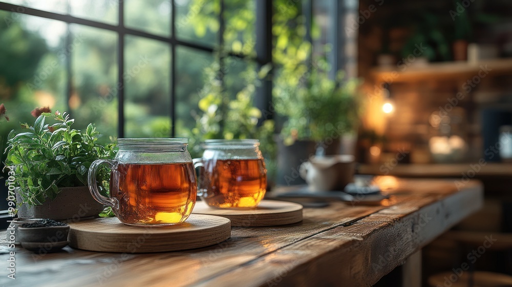 Sunlit tea in glass cups with green backdrop Sunlit tea in glass cups with green backdrop