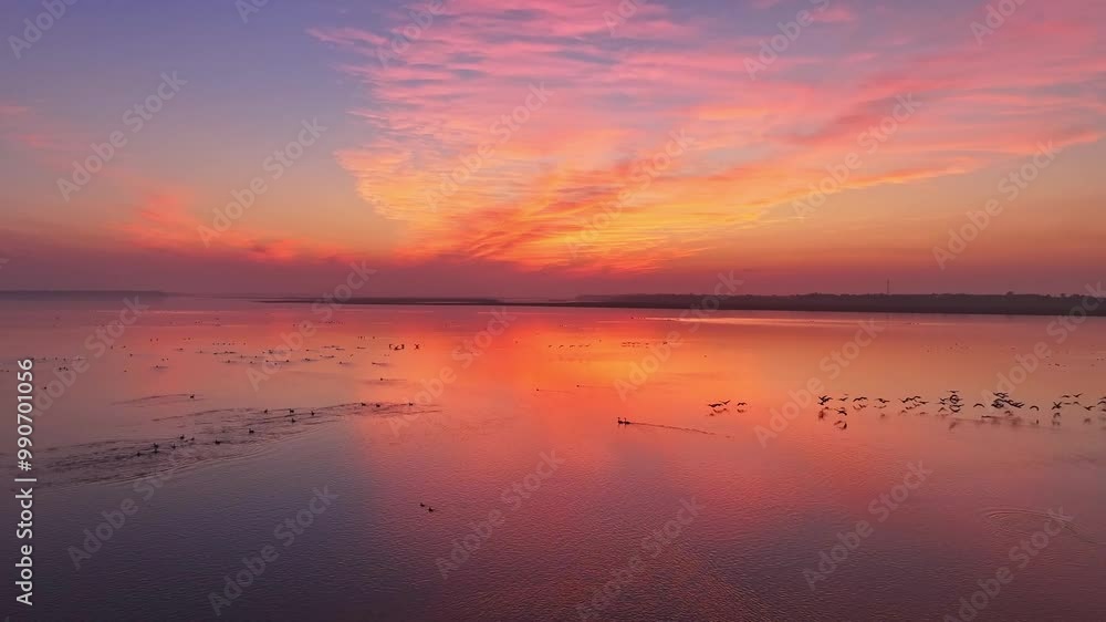 Migratory birds in winter, sunset at Poyang Lake in Jiangxi Migratory birds in winter, sunset at Poyang Lake in Jiangxi
