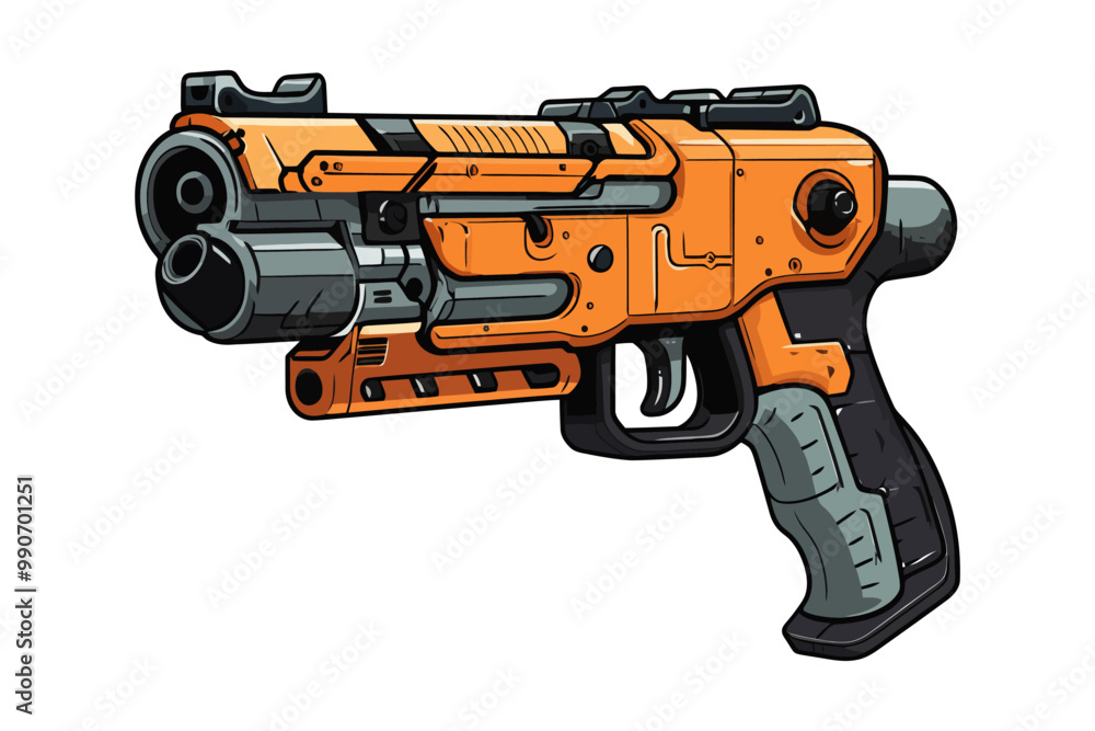 Vector illustration of a detailed futuristic gun, showcasing advanced design elements, suitable for gaming and sci-fi concepts. Vector illustration of a detailed futuristic gun, showcasing advanced design elements, suitable for gaming and sci-fi concepts.