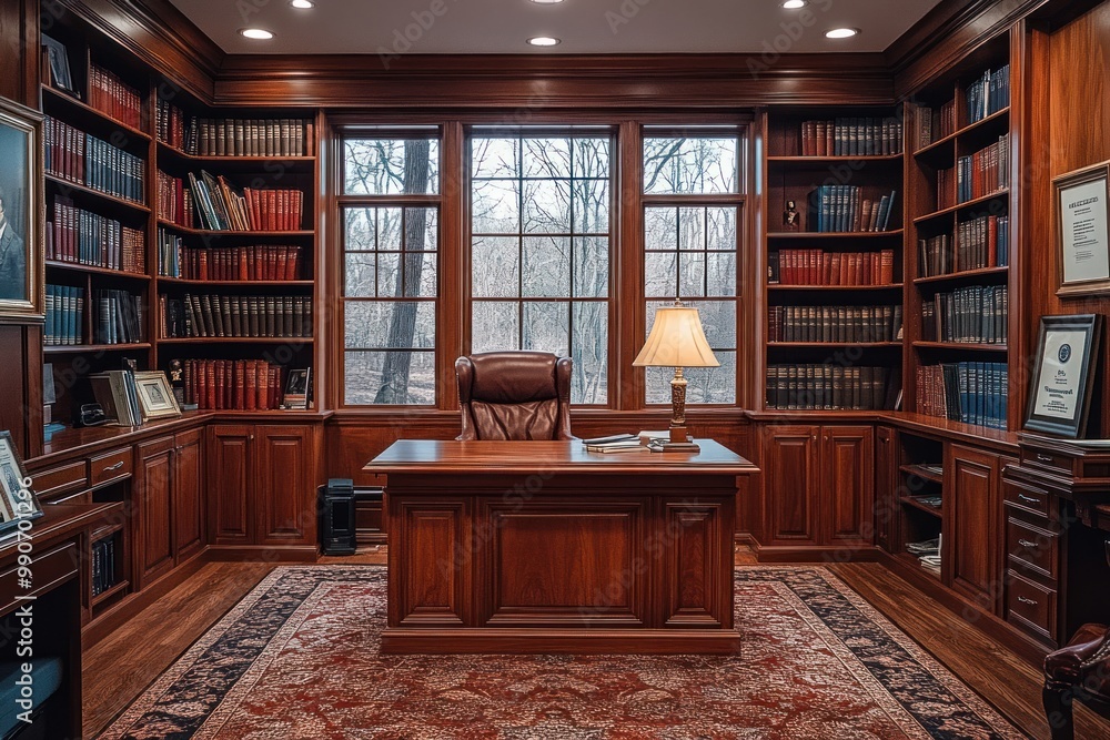 A mahogany study with a large window overlooking a winter forest A mahogany study with a large window overlooking a winter forest