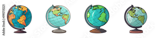Vector illustration of different globes showcasing various world maps, ideal for education, geography, and travel themes.
