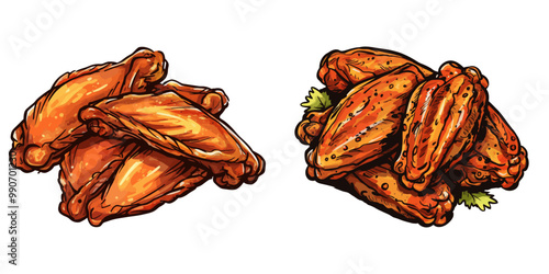 Vector illustration of crispy chicken wings with a golden-brown texture, perfect for food, snack, and culinary themes.