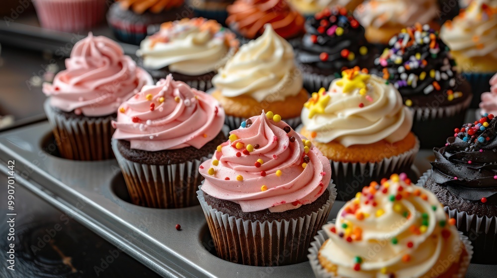 A batch of colorful cupcakes with various frosting and sprinkles arranged on a tray A batch of colorful cupcakes with various frosting and sprinkles arranged on a tray