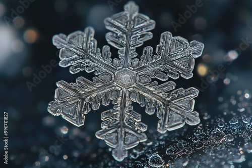 Intricate macro shot of a crystalline snowflake against a dark background