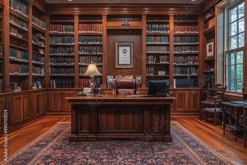 A Wooden Desk and Bookshelves in a Luxurious Library photo