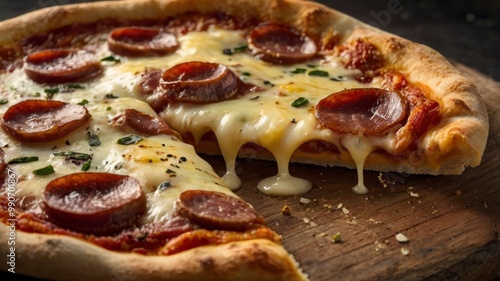 Slice of pizza with crispy crust, meat, and cheese