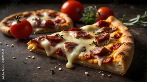 Slice of pizza with crispy crust, meat, and cheese