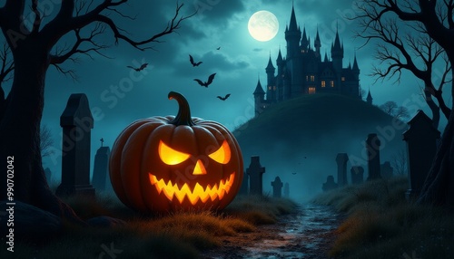 Halloween Pumpkin in Dark Forest. Halloween Background