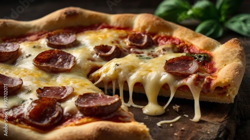 Slice of pizza with crispy crust, meat, and cheese