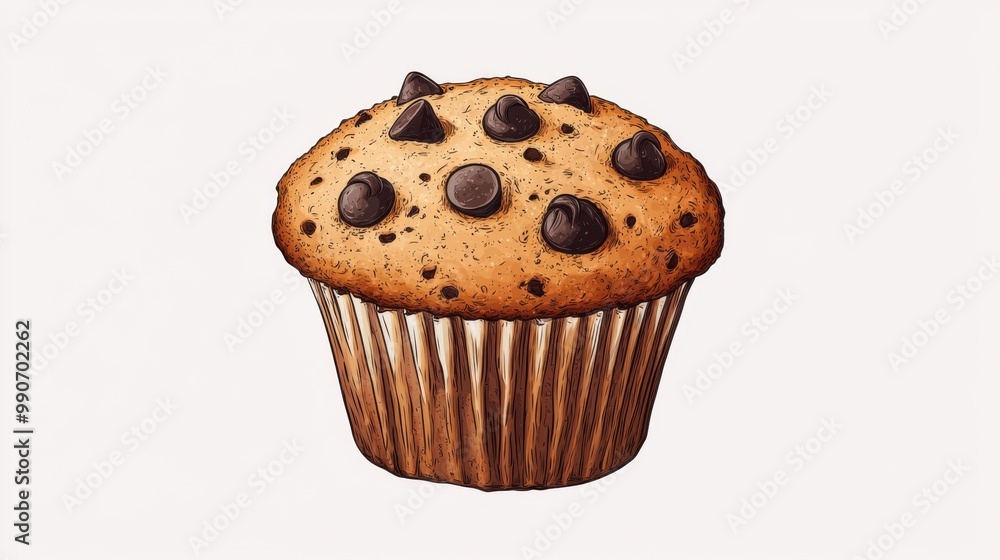 A cartoon muffin with chocolate chips drawn with exaggerated size and fun details A cartoon muffin with chocolate chips drawn with exaggerated size and fun details