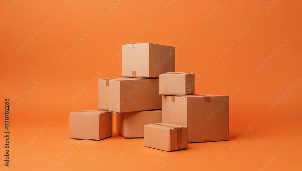 Stack of brown cardboard boxes on orange background. Stack of brown cardboard boxes on orange background.