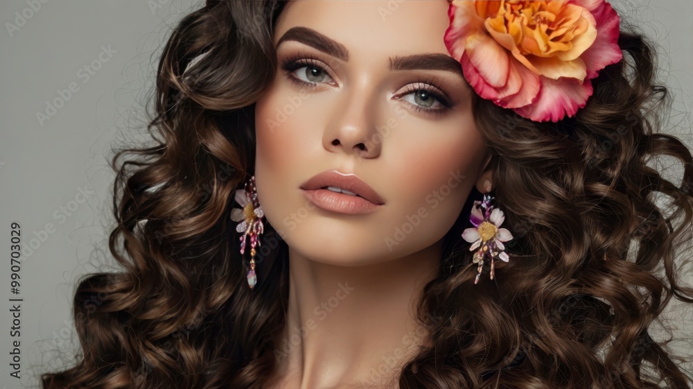 Naklejka premium Stunning brunette with long curls, floral accents, and bright makeup