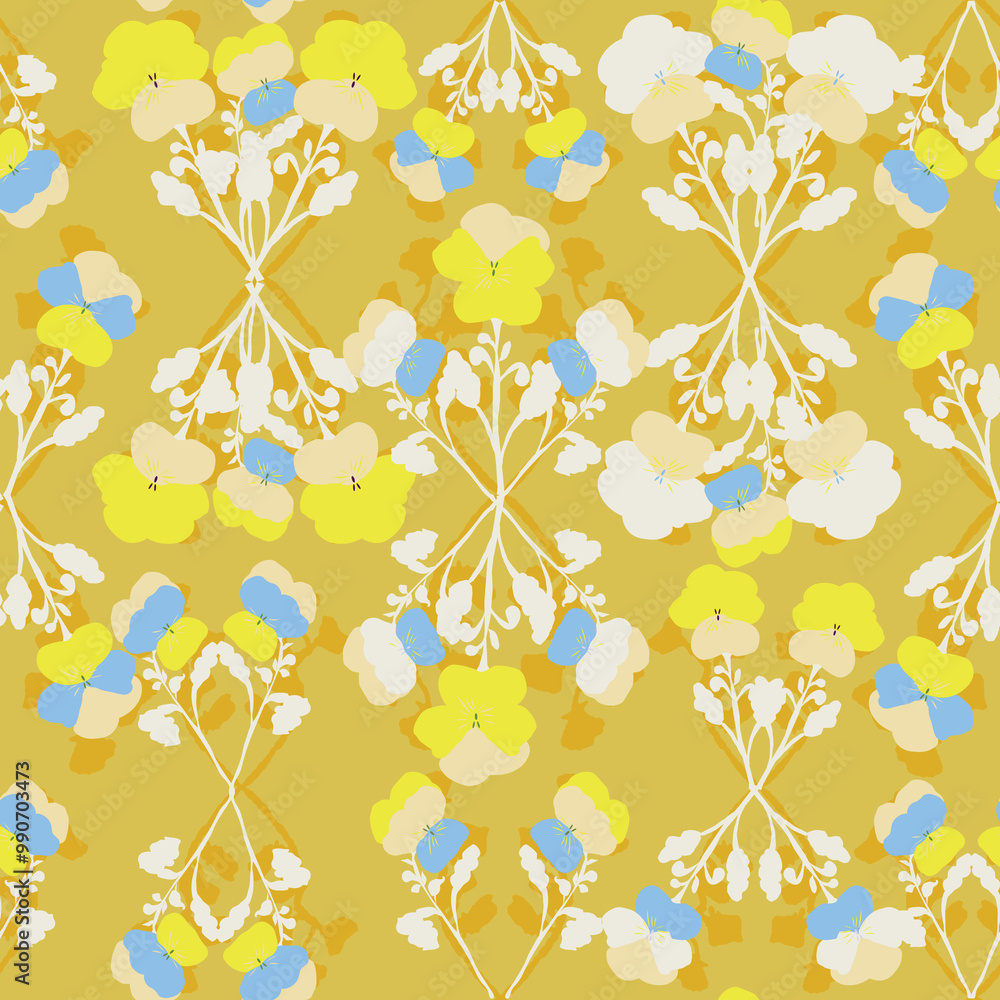 Hand drawn pansy bouquets in symmetrical compositions on mustard background Hand drawn pansy bouquets in symmetrical compositions on mustard background