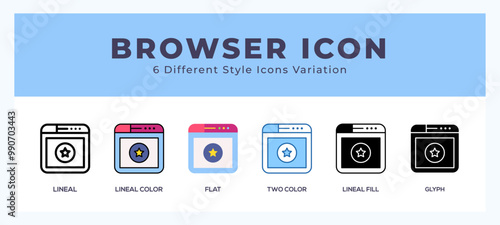 Browser icon set with different styles. Icons designed in filled. outline. flat. glyph and line colored.