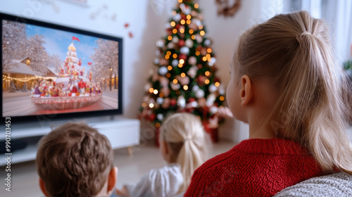 A group of children watching a christmas movie on the television, AI