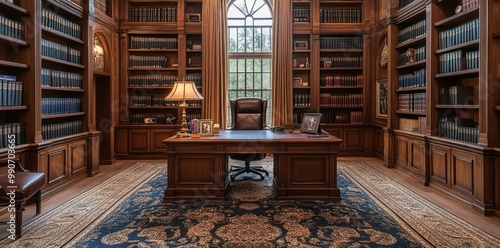 A Classic Wooden Library With a Desk and Chair in the Center photo