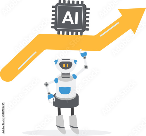 Robot holding up artificial intelligence stock market rising arrow, stock market rising concept image.

