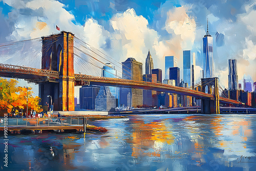 Oil painting on canvas, New York City - beautiful bridge manhattan with manhattan and brooklyn bridge, USA