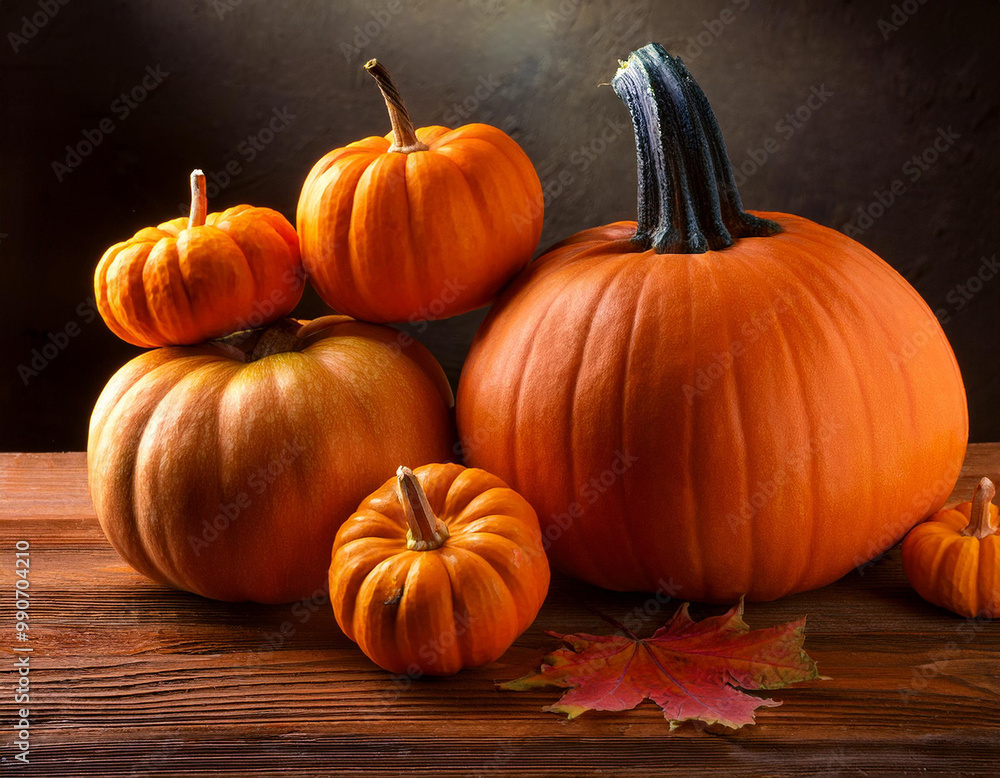Arrangement of vibrant pumpkins on a rustic wooden table, capturing the essence of autumn harvest and cozy seasonal décor Arrangement of vibrant pumpkins on a rustic wooden table, capturing the essence of autumn harvest and cozy seasonal décor
