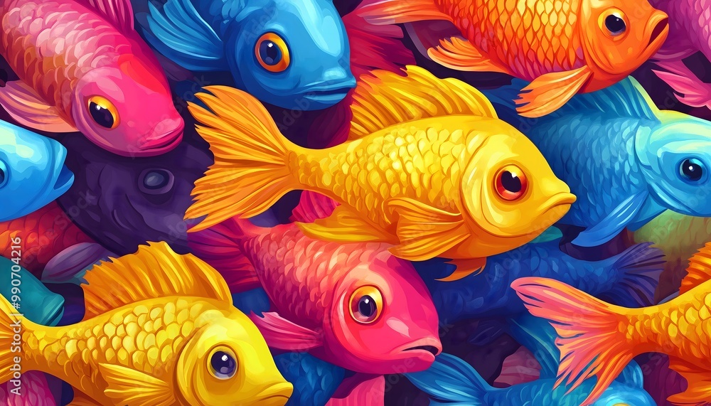 A vibrant close-up illustration of colorful fish A vibrant close-up illustration of colorful fish