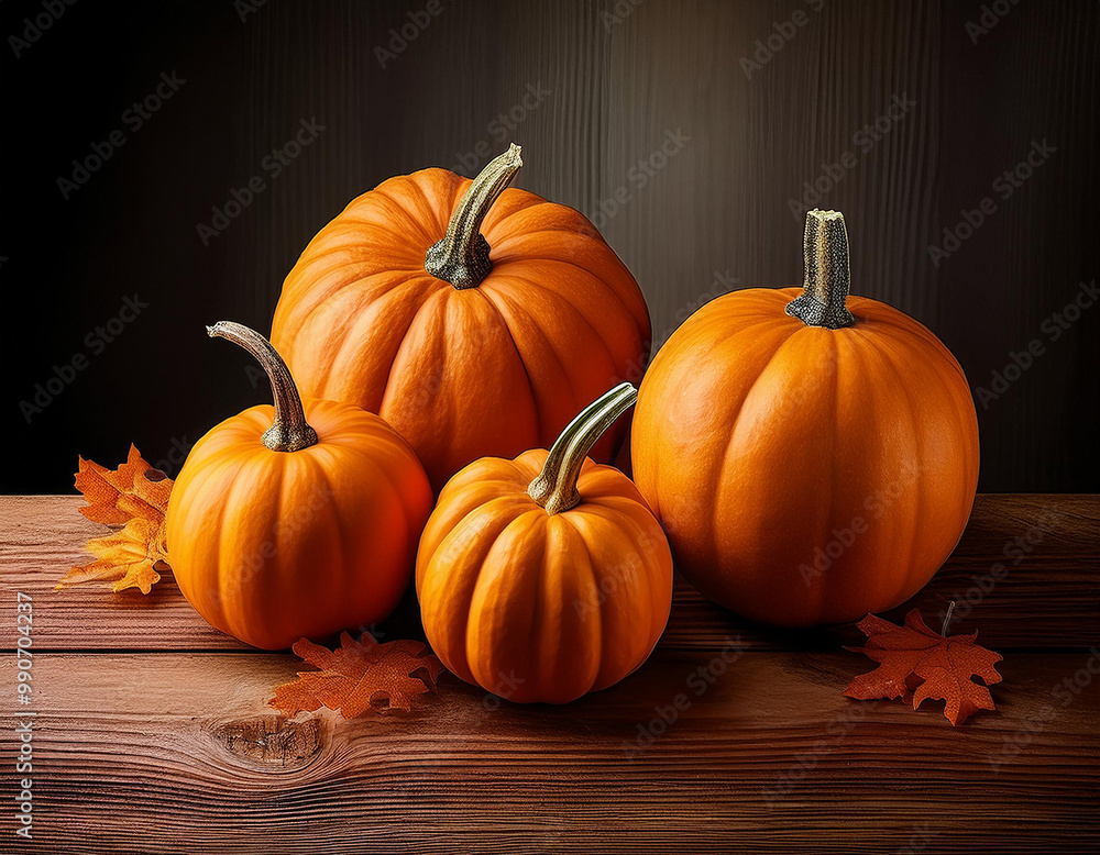 Arrangement of vibrant pumpkins on a rustic wooden table, capturing the essence of autumn harvest and cozy seasonal décor Arrangement of vibrant pumpkins on a rustic wooden table, capturing the essence of autumn harvest and cozy seasonal décor
