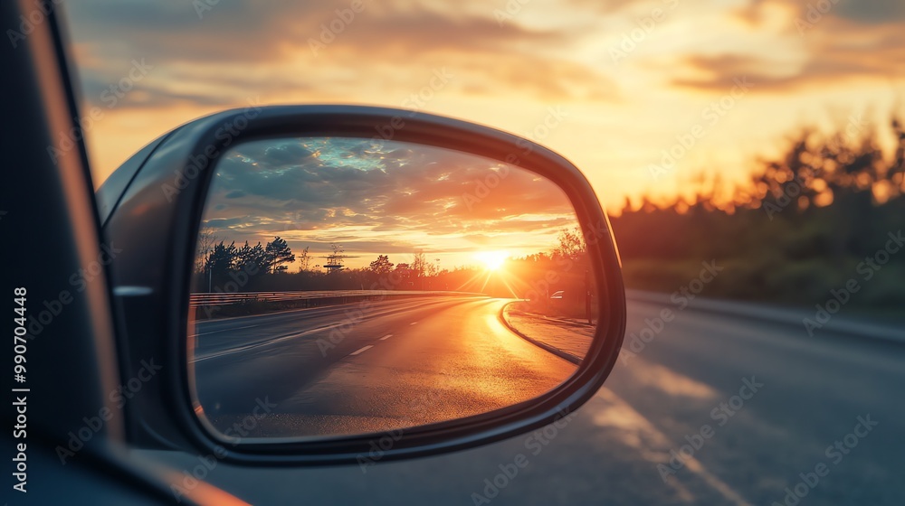 A car driving on a road, sunset is reflected in the rear view mirror. A car driving on a road, sunset is reflected in the rear view mirror.