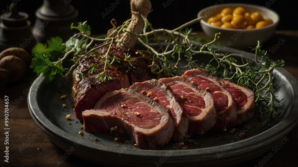 Meat, Steak with Blood, Wine, Black Pepper, Thyme, Rosemary, New Potatoes, Food, Spices, Kitchen Utensils, Wooden Slicing Board, Beef Meat, Steak with Blood, Wine, Black Pepper, Thyme, Rosemary, New Potatoes, Food, Spices, Kitchen Utensils, Wooden Slicing Board, Beef