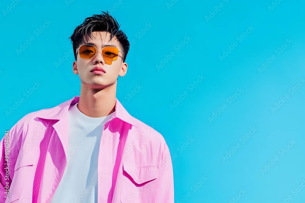 A young man with trendy sunglasses and a pink jacket poses against a blue backdrop. A young man with trendy sunglasses and a pink jacket poses against a blue backdrop.