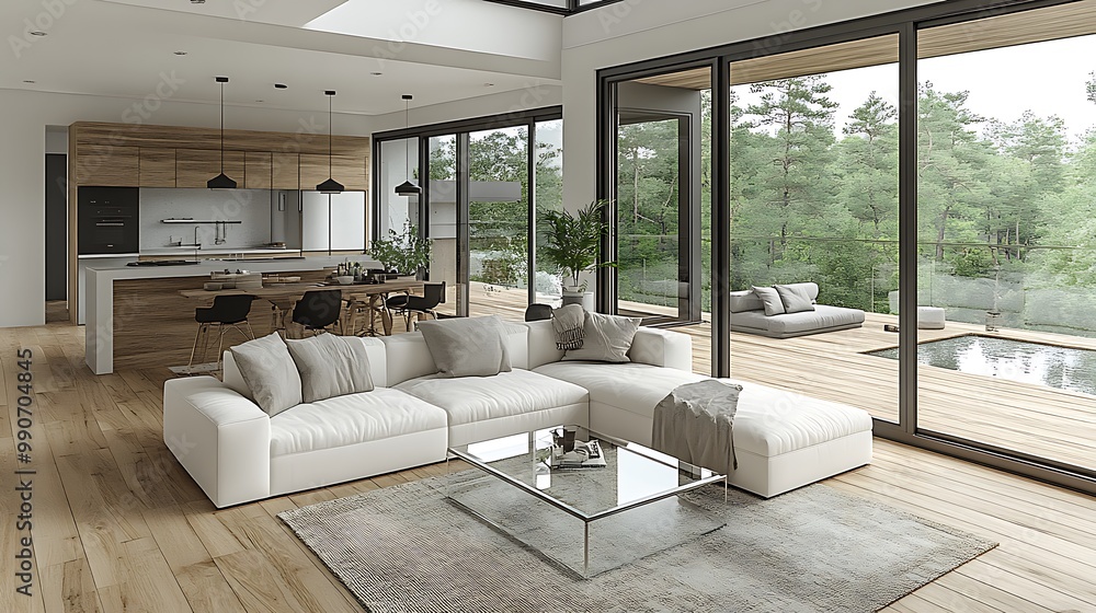 A modern minimalist living room with an open-concept design, featuring a white couch, glass coffee table, and wooden flooring, large windows letting in natural light, neutral tones, A modern minimalist living room with an open-concept design, featuring a white couch, glass coffee table, and wooden flooring, large windows letting in natural light, neutral tones,