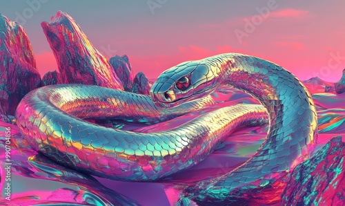Wallpaper Mural Metallic snake in a pink, iridescent landscape. Torontodigital.ca