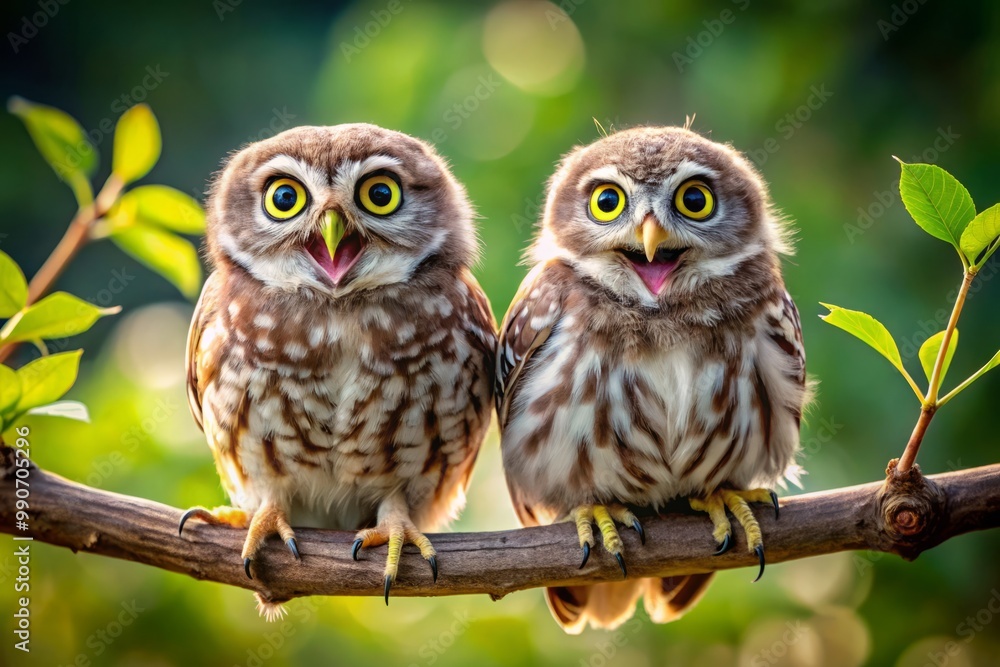 Owls sit on a branch, their goofy grins and twirling ears conveying a sense of comedic relief in Owls sit on a branch, their goofy grins and twirling ears conveying a sense of comedic relief in